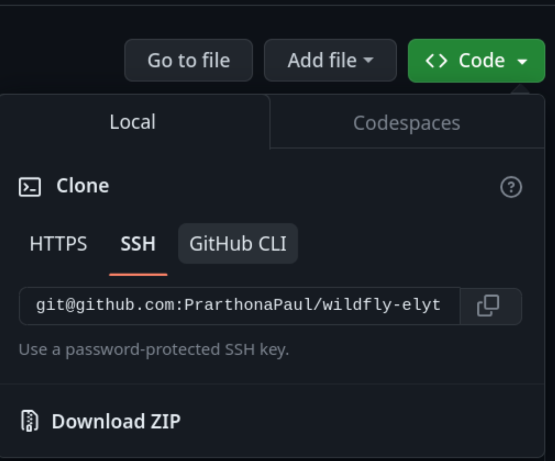 Screenshot of options under "Code" button, under HTTPS tab.Default URL is https://github.com//wildfly-elytron.git